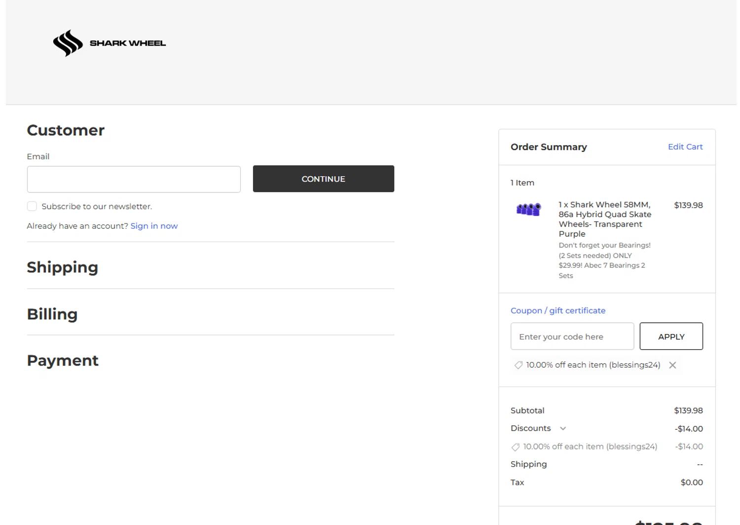 Shark Wheel checkout page showing Shark Wheel discount code box | Screenshot taken by SimplyCodes community member on Feb 15, 2026