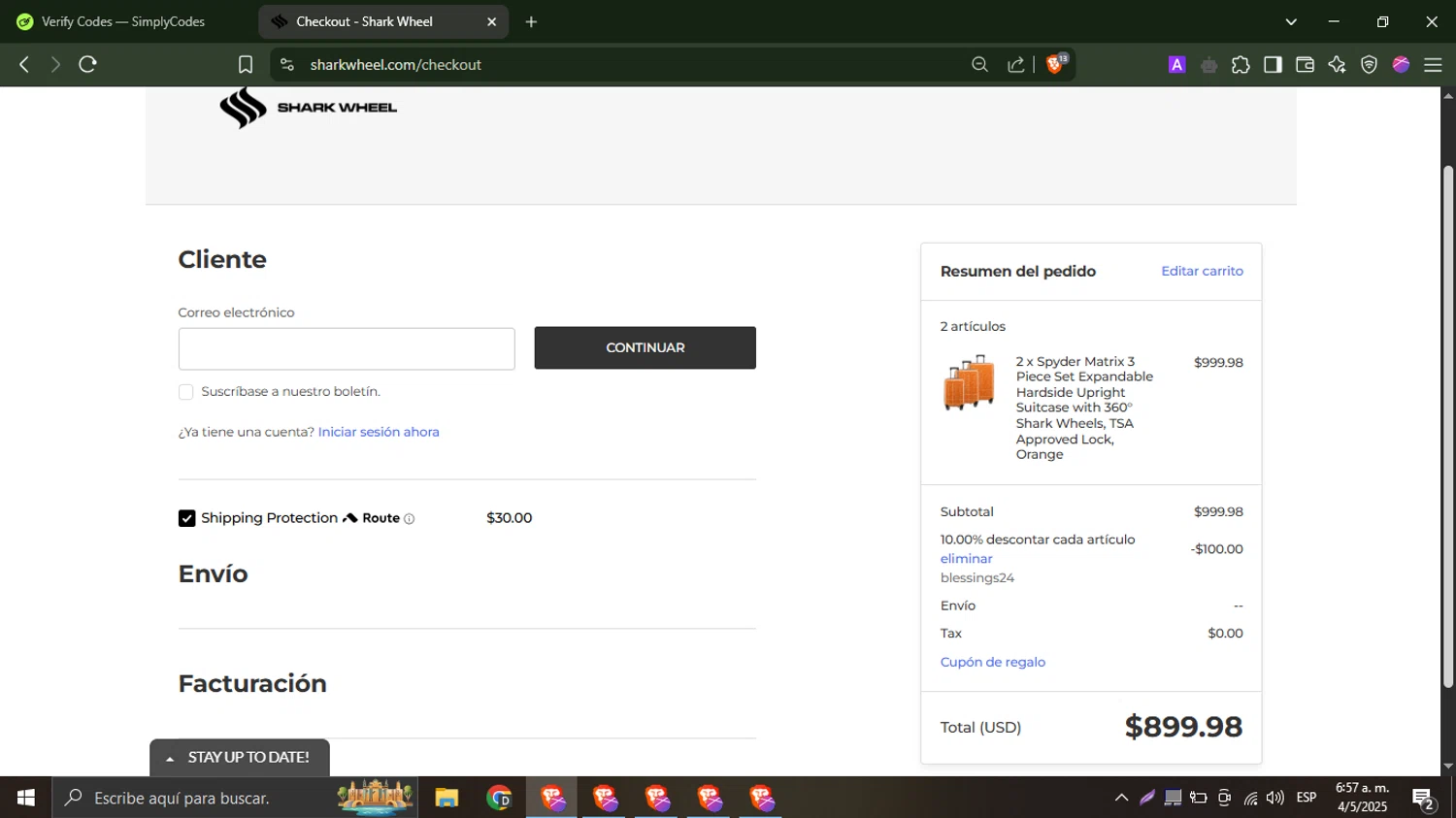 Shark Wheel discount code screenshot showing code blessings24 applied at Shark Wheel checkout page. Uploaded by SimplyCodes community member WonderHawk4190 on May 4, 2025