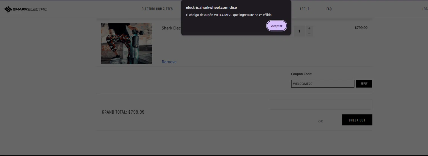 Shark Wheel promo code screenshot showing code WELCOME70 applied at Shark Wheel checkout page. Uploaded by SimplyCodes community member PennyScout6137 on Feb 21, 2026