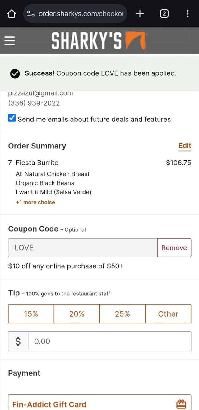 Sharky's checkout page showing Sharky's coupon code box | Screenshot taken by SimplyCodes community member on Jan 11, 2025