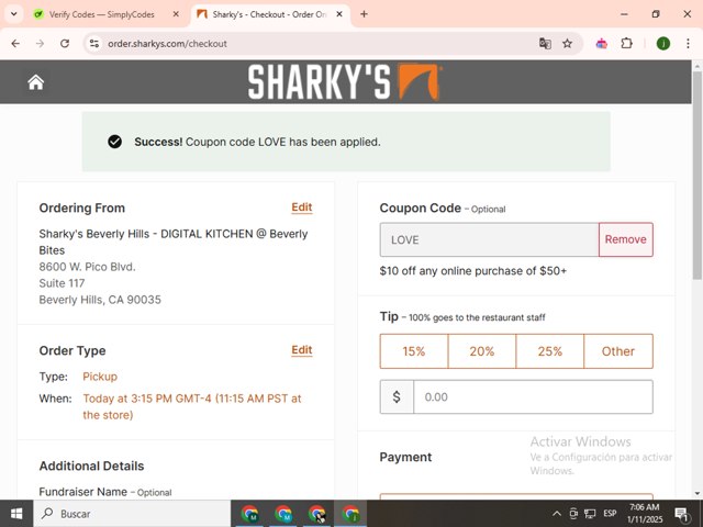 Sharky's checkout page showing Sharky's coupon code box | Screenshot taken by SimplyCodes community member on Jan 11, 2025