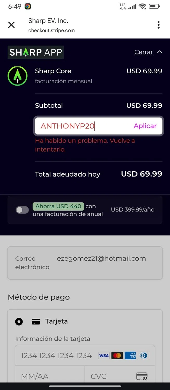 Sharp App promo code screenshot showing code ANTHONYP20 applied at Sharp App checkout page. Uploaded by SimplyCodes community member SilverMaven7655 on Dec 27, 2025