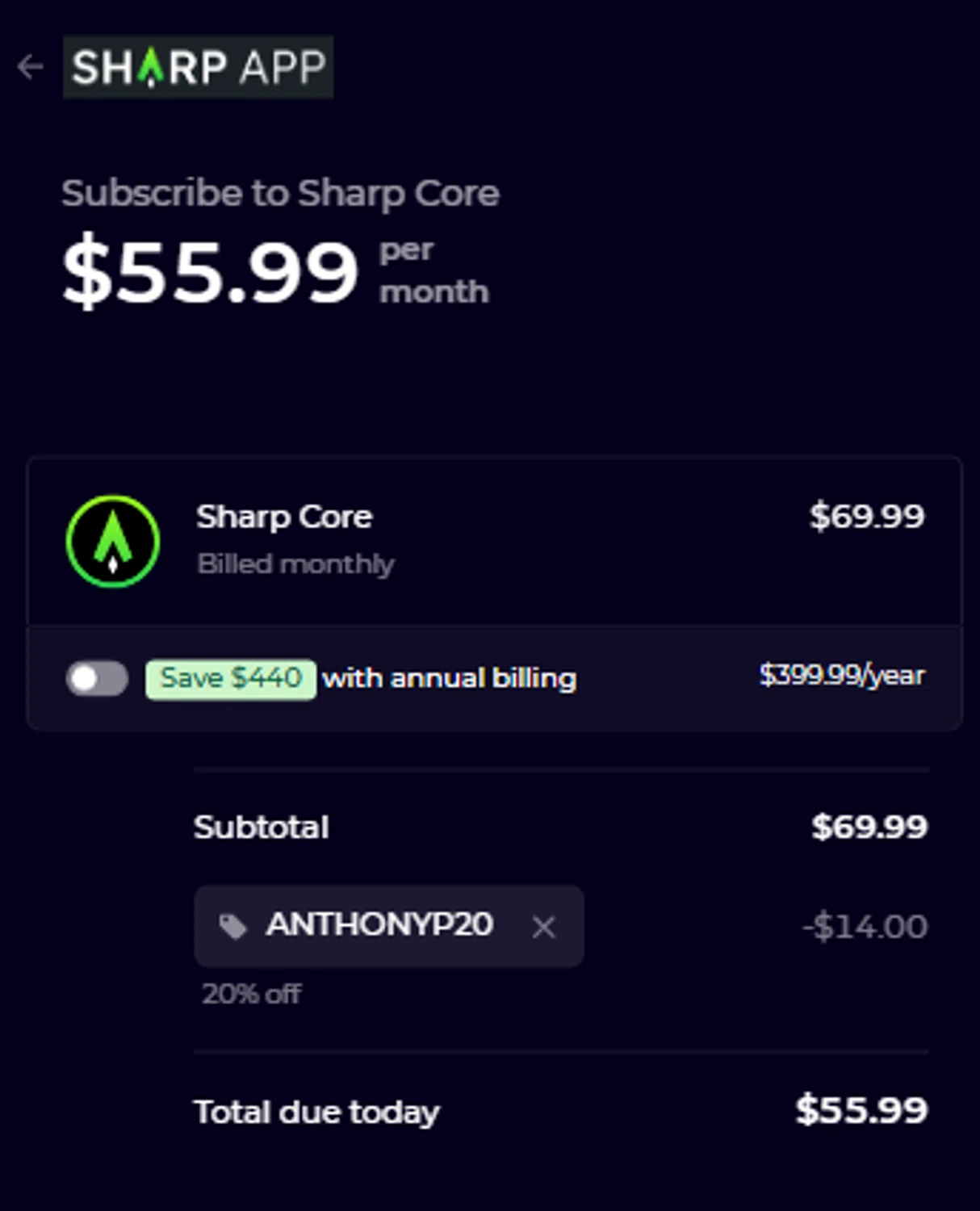 Sharp App promo code screenshot showing code ANTHONYP20 applied at Sharp App checkout page. Uploaded by SimplyCodes community member carlosrivero on Sep 29, 2025