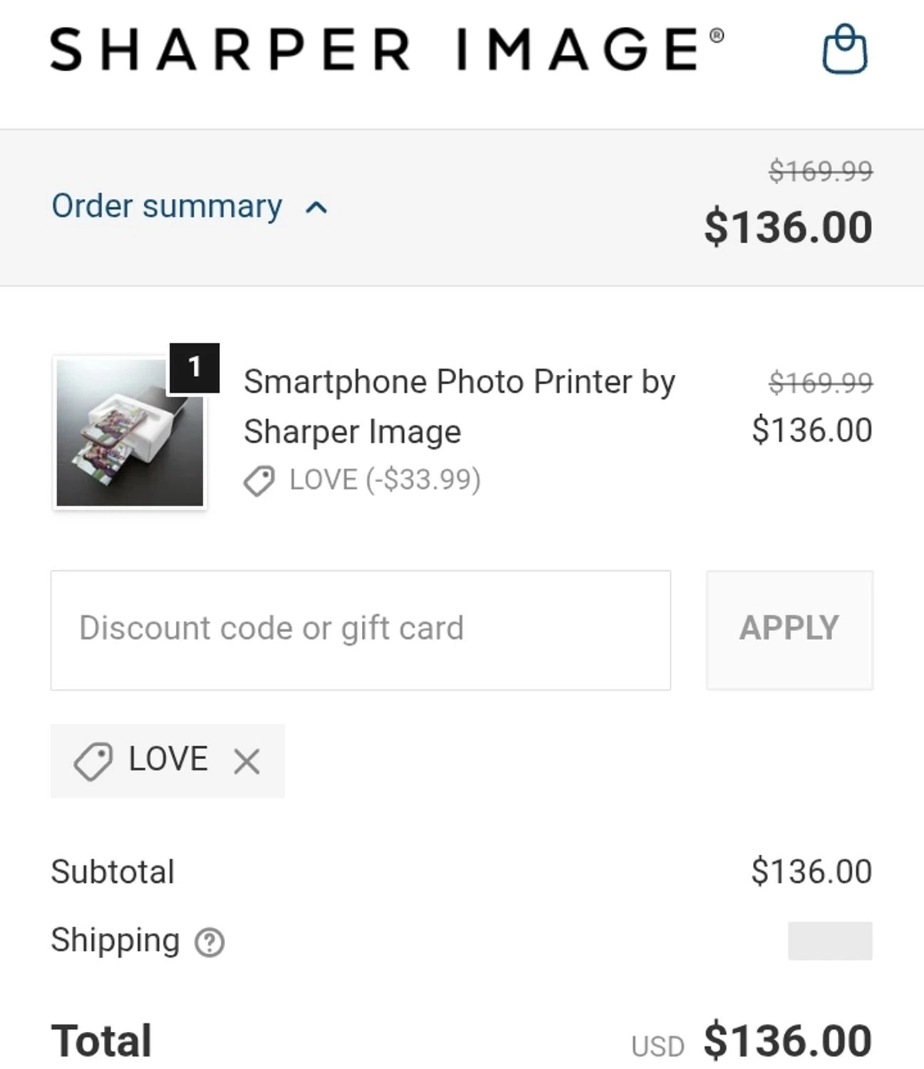Sharper Image promo code screenshot showing code LOVE applied at Sharper Image checkout page. Uploaded by SimplyCodes community member ValiantCurator3344 on Feb 9, 2026