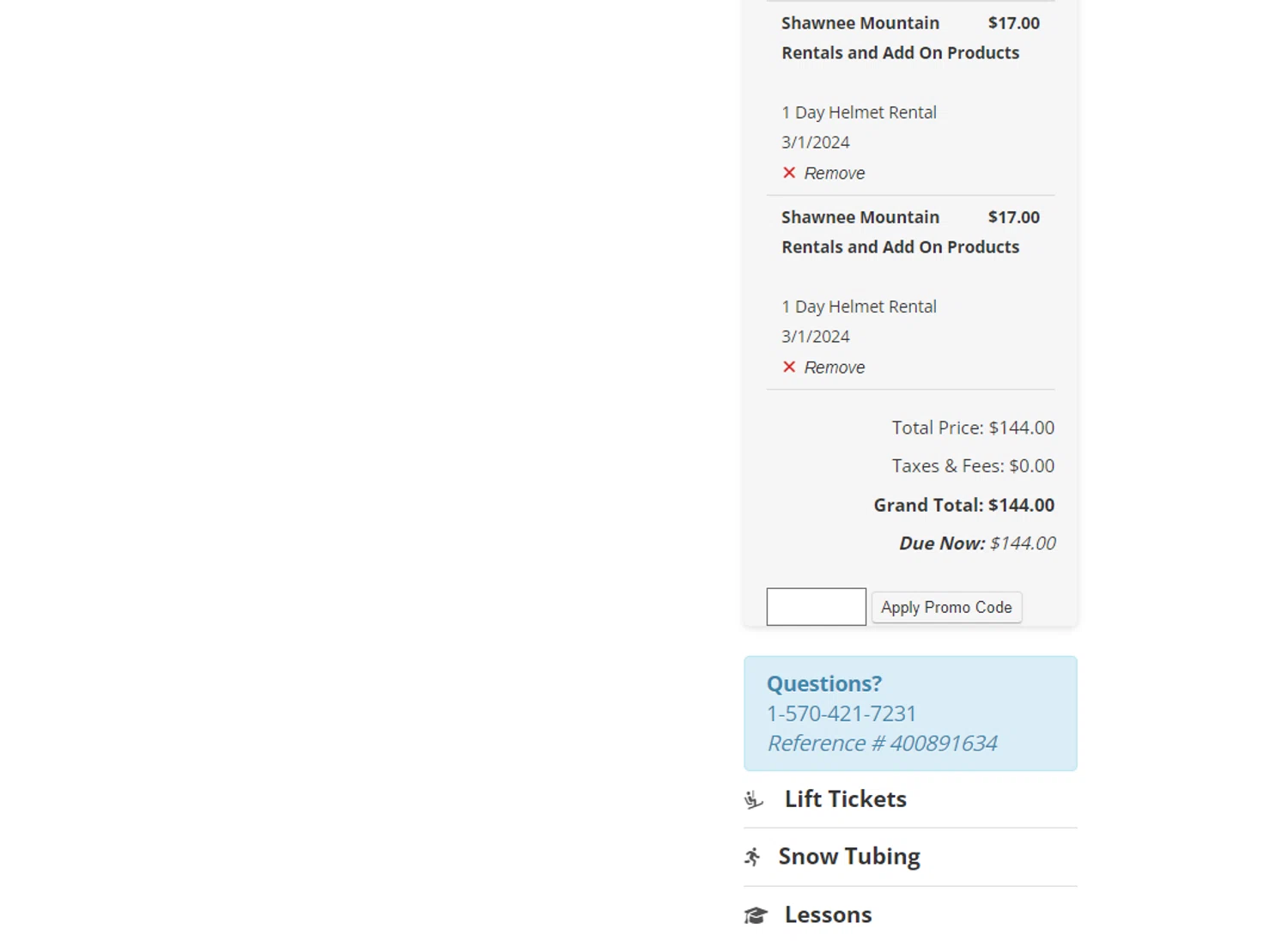 Shawnee Mountain Ski Area checkout page showing Shawnee Mountain Ski Area promo code box | Screenshot taken by SimplyCodes community member on Feb 21, 2024