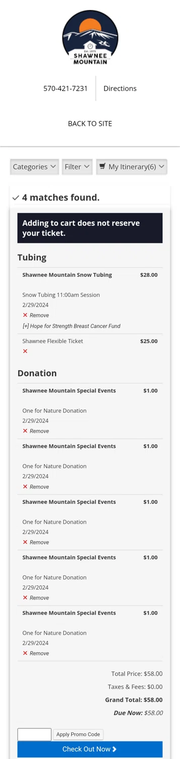 Shawnee Mountain Ski Area checkout page showing Shawnee Mountain Ski Area promo code box | Screenshot taken by SimplyCodes community member on Feb 20, 2024