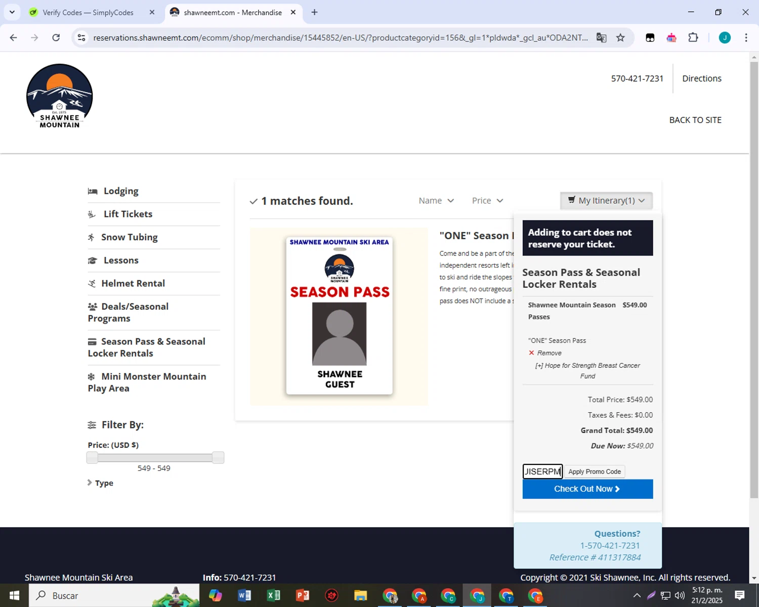 Shawnee Mountain Ski Area promo code screenshot showing code MTNCRUISERPM applied at Shawnee Mountain Ski Area checkout page. Uploaded by SimplyCodes community member VictoriousSpotter751 on Feb 21, 2025