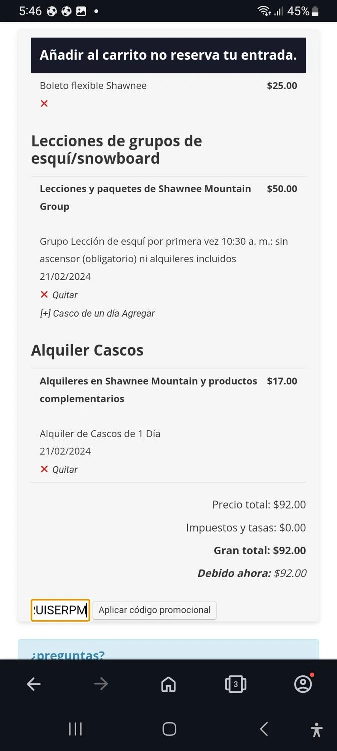 Shawnee Mountain Ski Area checkout page showing Shawnee Mountain Ski Area promo code box | Screenshot taken by SimplyCodes community member on Feb 20, 2024