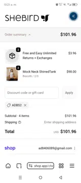 SheBird coupon verification screenshot