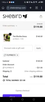 SheBird coupon verification screenshot