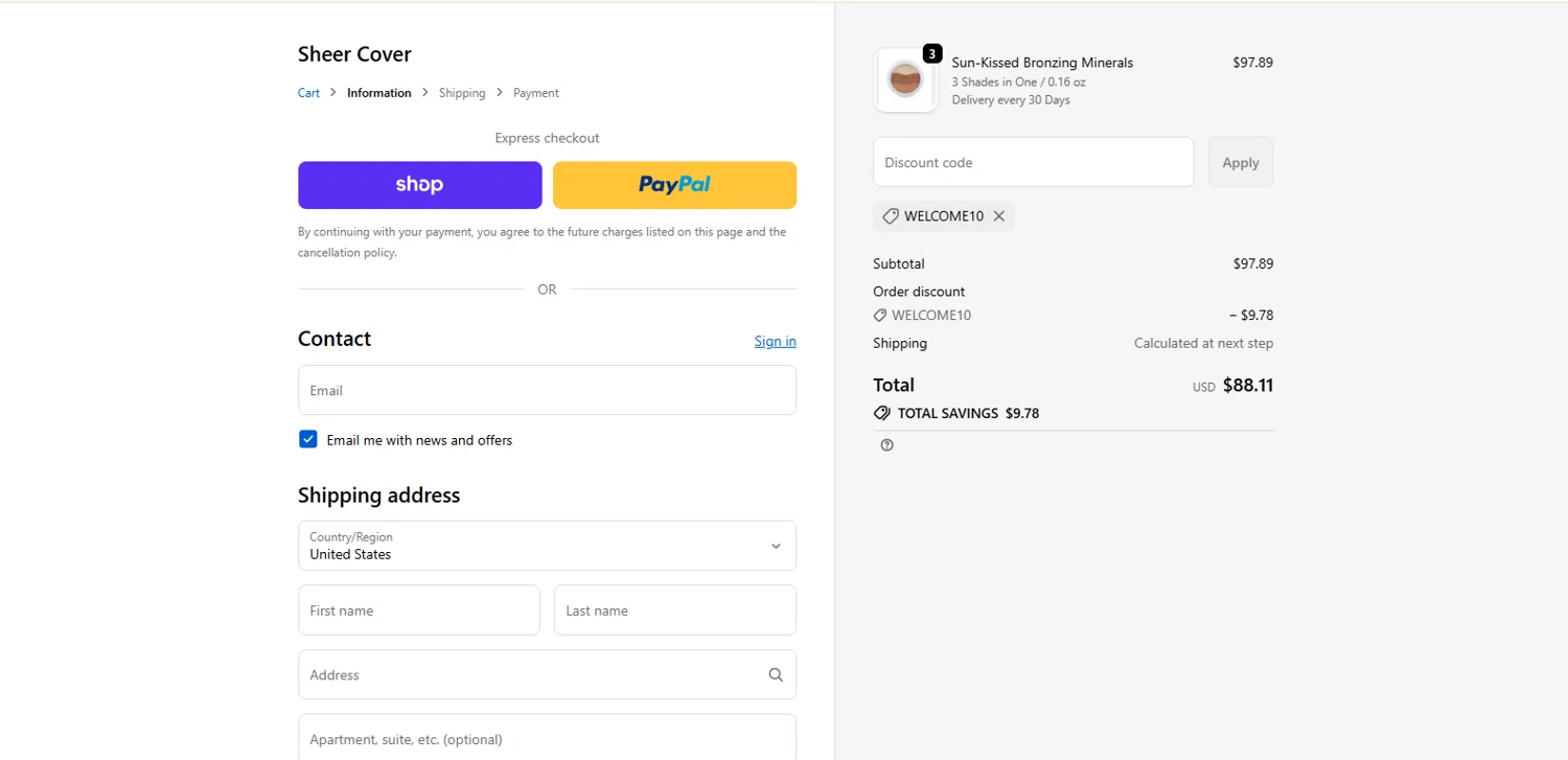 Sheer Cover discount code screenshot showing code WELCOME10 applied at Sheer Cover checkout page. Uploaded by SimplyCodes community member kalltrom21 on Nov 14, 2025
