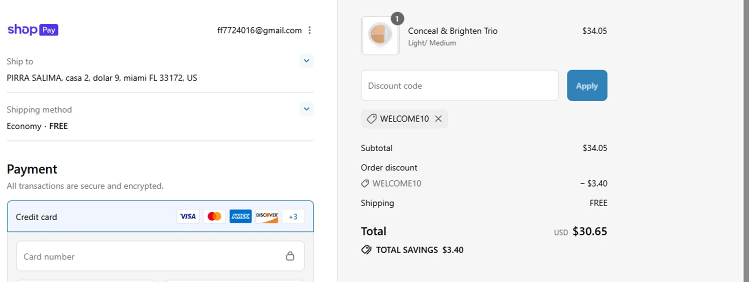 Sheer Cover discount code screenshot showing code WELCOME10 applied at Sheer Cover checkout page. Uploaded by SimplyCodes community member Fish3r on Jul 22, 2025