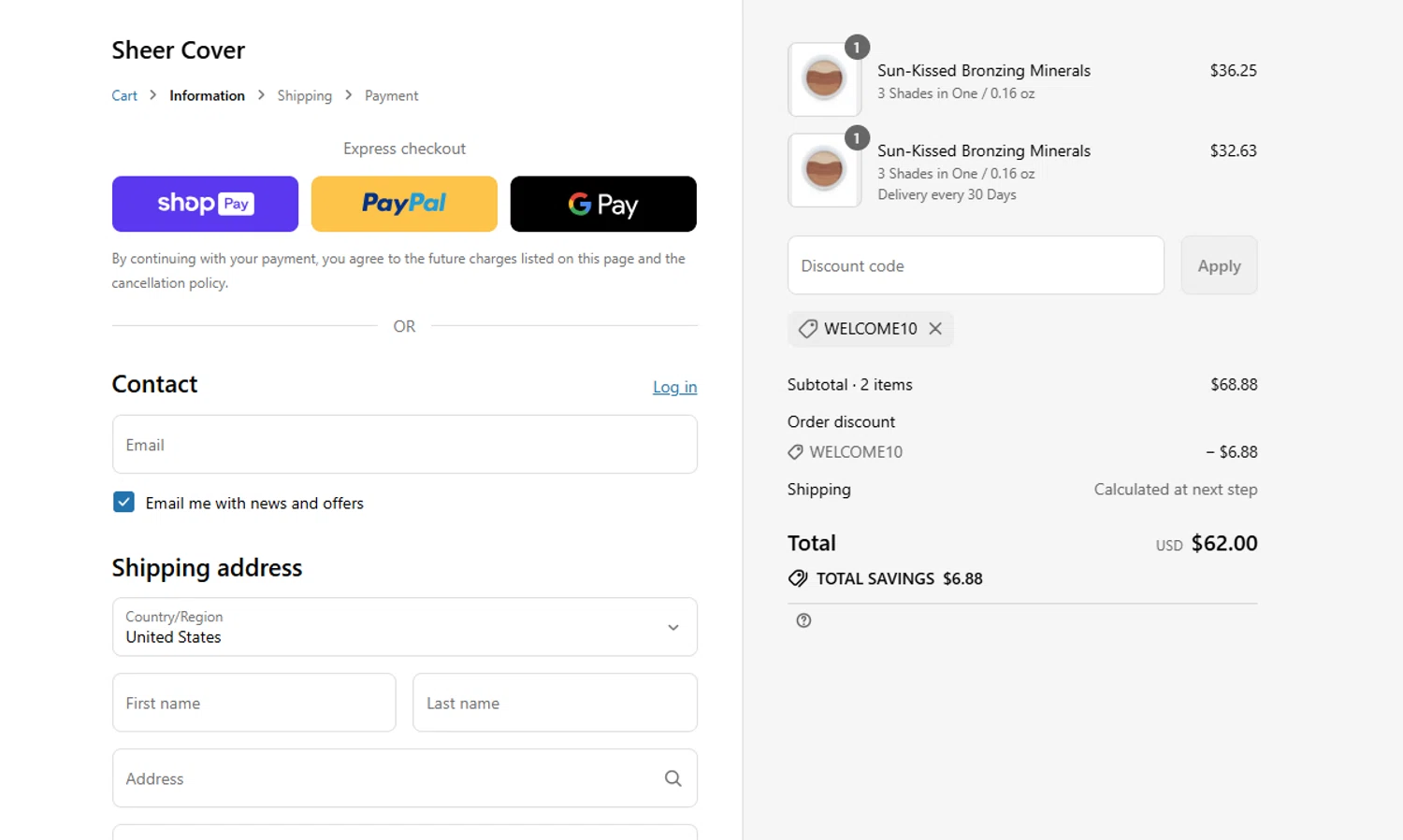 Sheer Cover discount code screenshot showing code WELCOME10 applied at Sheer Cover checkout page. Uploaded by SimplyCodes community member VictoriousFinder8211 on Aug 12, 2025