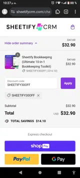 SHEETIFY30OFF coupon verification screenshot