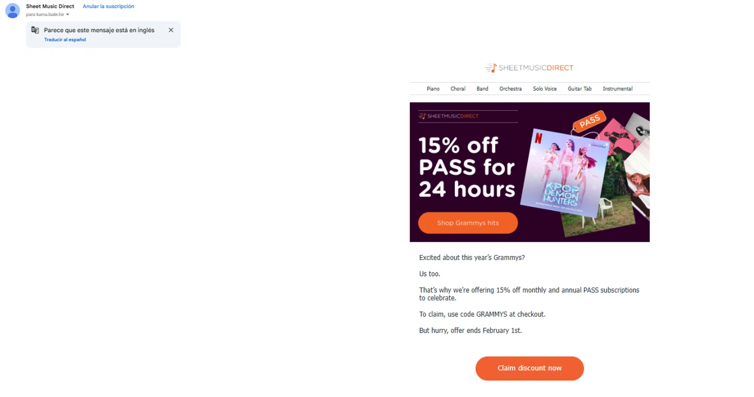 Sheet Music Direct promo code screenshot showing code GRAMMYS applied at Sheet Music Direct checkout page. Uploaded by SimplyCodes community member Dulce__ on Feb 1, 2026