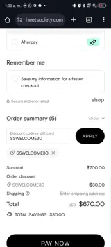 SSWELCOME30 coupon verification screenshot
