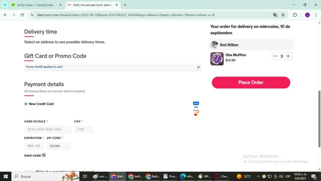 Shef checkout page showing Shef promo code box | Screenshot taken by SimplyCodes community member on Sep 9, 2025