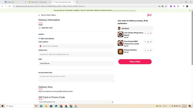 Shef checkout page showing Shef promo code box | Screenshot taken by SimplyCodes community member on Sep 12, 2025