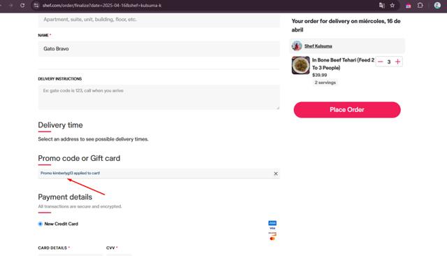 Shef checkout page showing Shef promo code box | Screenshot taken by SimplyCodes community member on Apr 10, 2025