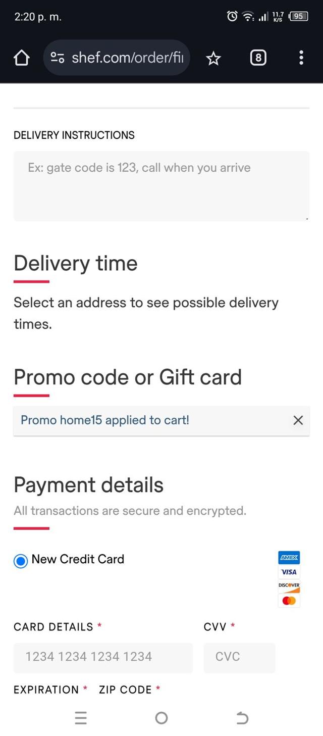 Shef checkout page showing Shef promo code box | Screenshot taken by SimplyCodes community member on Apr 10, 2025