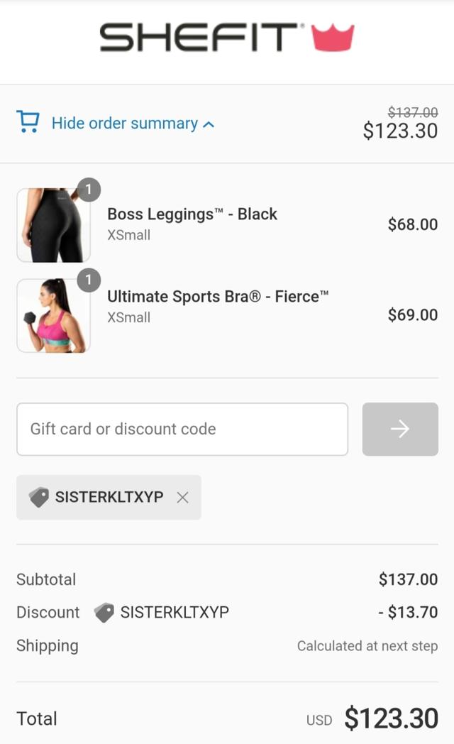 SHEFIT checkout page showing SHEFIT coupon code box | Screenshot taken by SimplyCodes community member on Jul 6, 2020