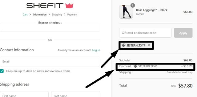 SHEFIT checkout page showing SHEFIT coupon code box | Screenshot taken by SimplyCodes community member on Mar 23, 2021
