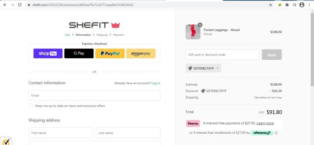 SHEFIT checkout page showing SHEFIT coupon code box | Screenshot taken by SimplyCodes community member on Jan 16, 2021