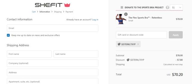 SHEFIT checkout page showing SHEFIT coupon code box | Screenshot taken by SimplyCodes community member on Jul 21, 2020