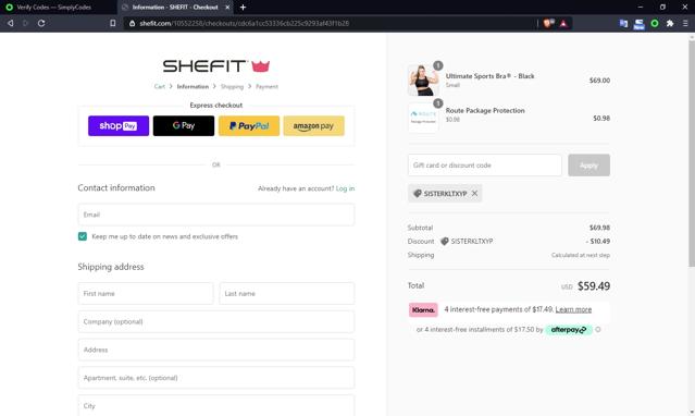 SHEFIT checkout page showing SHEFIT coupon code box | Screenshot taken by SimplyCodes community member on Mar 10, 2021