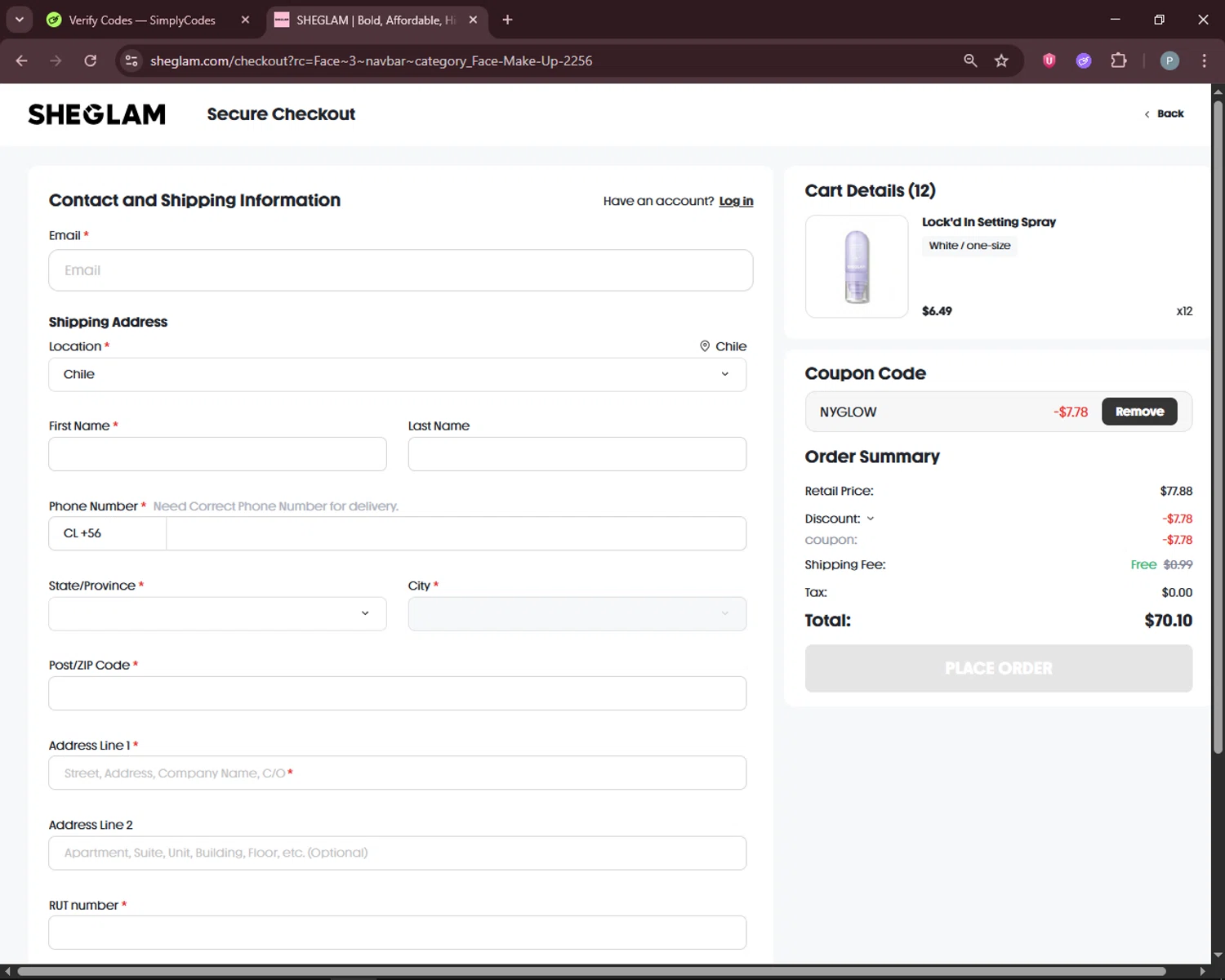 SHEGLAM US checkout page showing SHEGLAM US promo code box | Screenshot taken by SimplyCodes community member on Jan 14, 2026