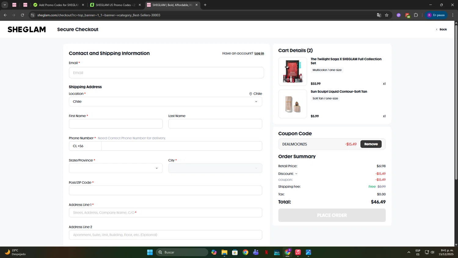 SHEGLAM US promo code screenshot showing code DEALMOON25 applied at SHEGLAM US checkout page. Uploaded by SimplyCodes community member TokenFox2691 on Dec 16, 2025