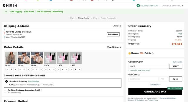 Shein EU checkout page showing Shein EU discount code box | Screenshot taken by SimplyCodes community member on Aug 13, 2025