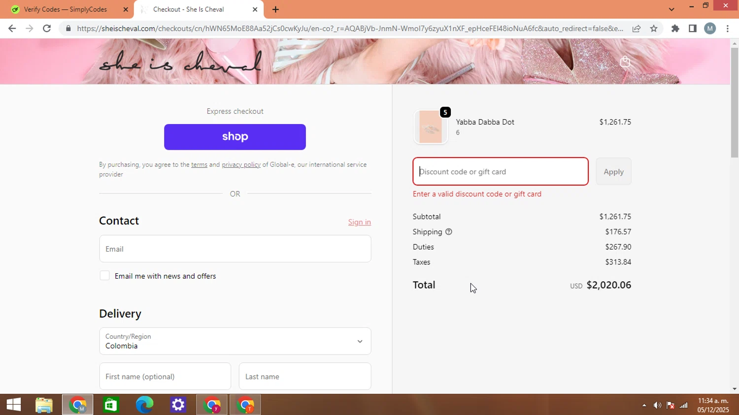 She is Cheval promo code screenshot showing code CHEVAL15 applied at She is Cheval checkout page. Uploaded by SimplyCodes community member AJOTAA on Dec 5, 2025