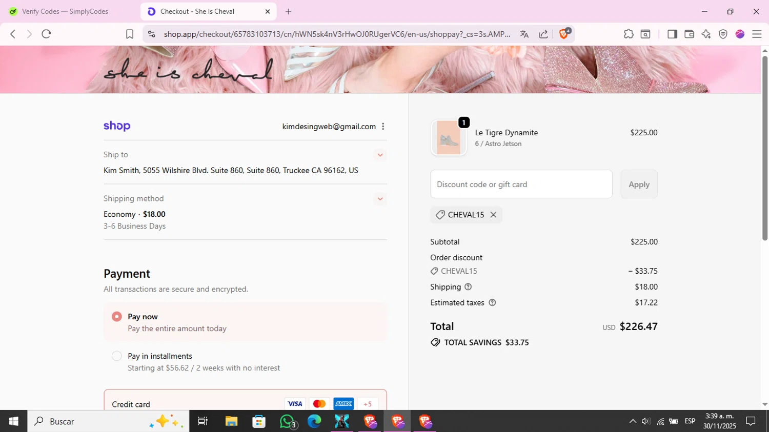 She is Cheval promo code screenshot showing code CHEVAL15 applied at She is Cheval checkout page. Uploaded by SimplyCodes community member KimChrista_ on Nov 30, 2025