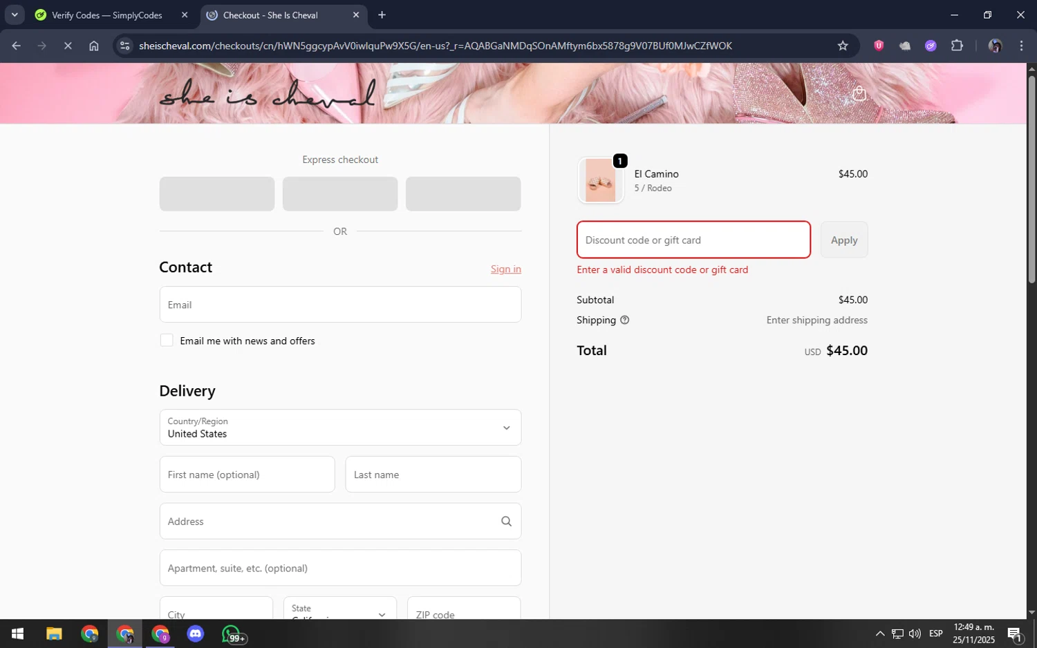 She is Cheval promo code screenshot showing code GALENTINE applied at She is Cheval checkout page. Uploaded by SimplyCodes community member akamiguel on Nov 25, 2025