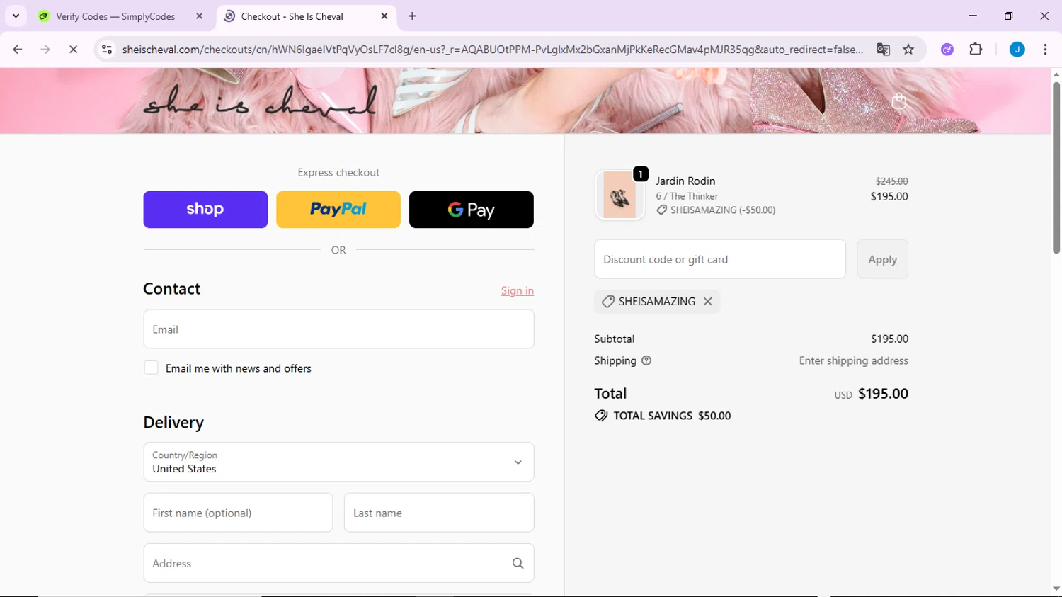 She is Cheval promo code screenshot showing code SHEISAMAZING applied at She is Cheval checkout page. Uploaded by SimplyCodes community member CodeLynx3161 on Dec 11, 2025
