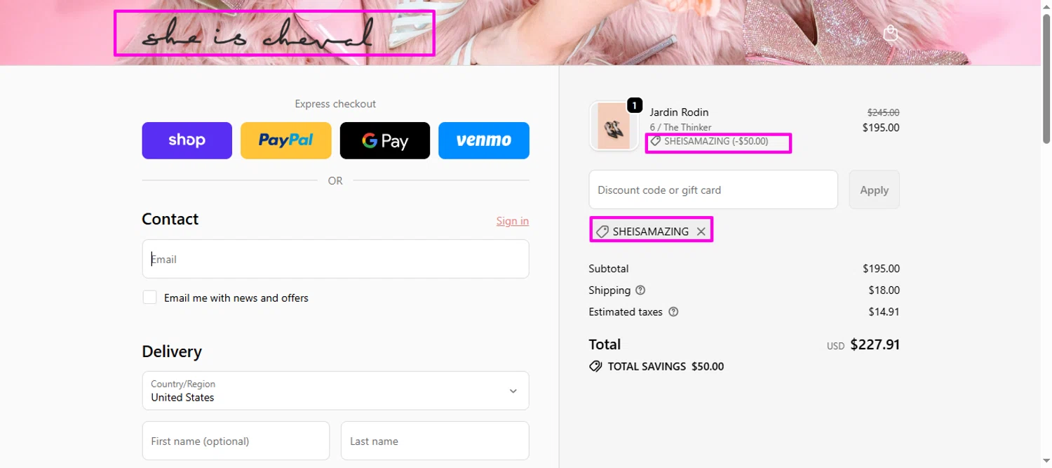 She is Cheval promo code screenshot showing code SHEISAMAZING applied at She is Cheval checkout page. Uploaded by SimplyCodes community member mrdarcy on Dec 9, 2025