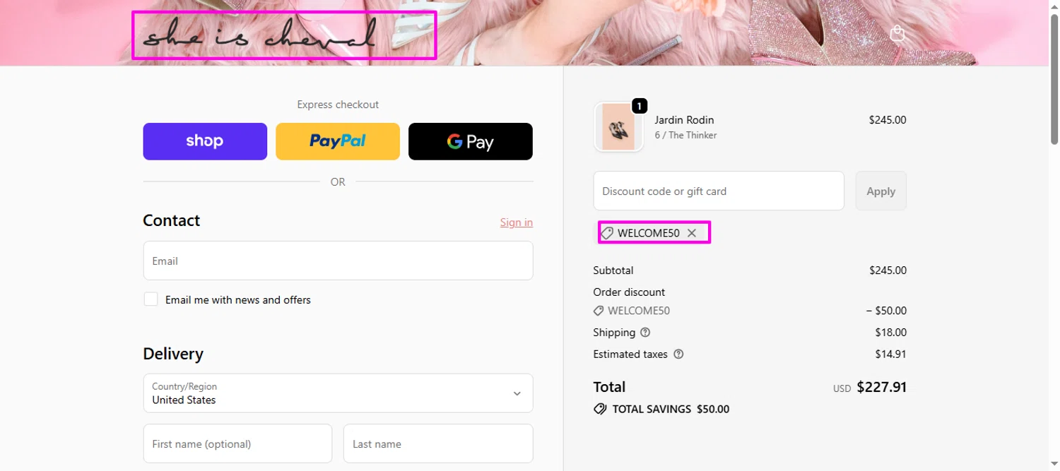 She is Cheval promo code screenshot showing code WELCOME50 applied at She is Cheval checkout page. Uploaded by SimplyCodes community member mrdarcy on Dec 14, 2025