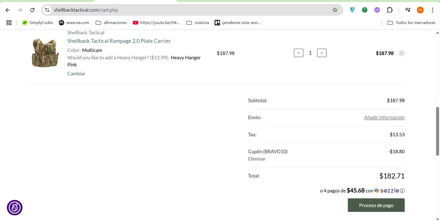 Shellback Tactical coupon code screenshot showing code BRAVO10 applied at Shellback Tactical checkout page. Uploaded by SimplyCodes community member ROIS28 on May 18, 2025