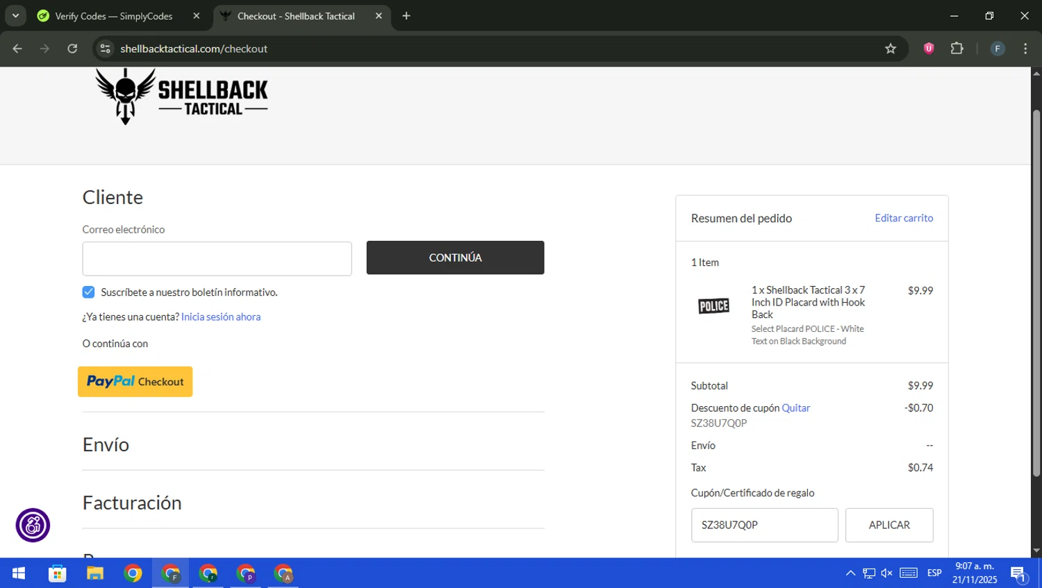 Shellback Tactical coupon code screenshot showing code SZ38U7Q0P applied at Shellback Tactical checkout page. Uploaded by SimplyCodes community member pajarito on Nov 21, 2025