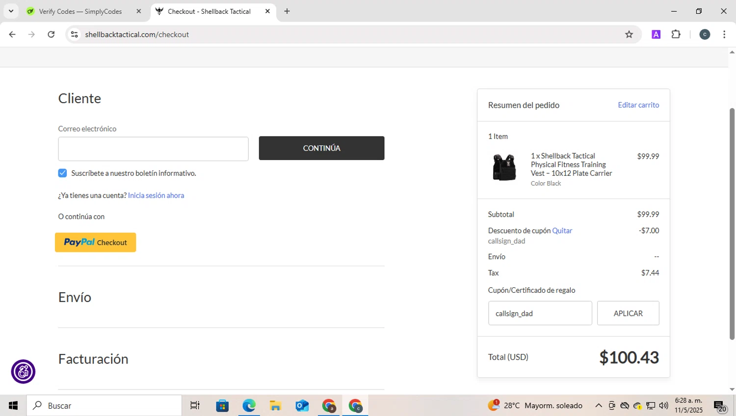 Shellback Tactical coupon code screenshot showing code callsign_dad applied at Shellback Tactical checkout page. Uploaded by SimplyCodes community member SilverSeeker255 on May 11, 2025