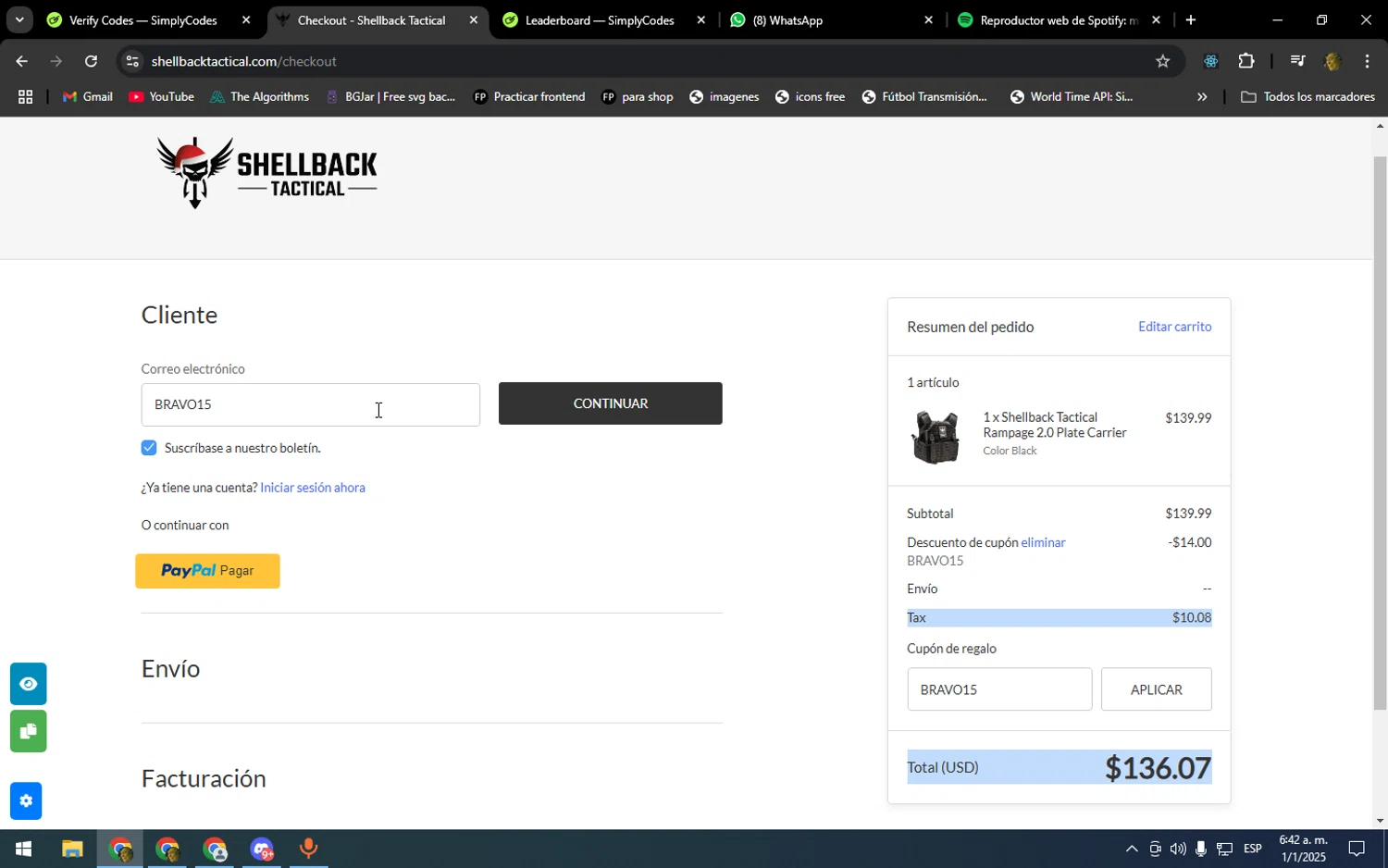 Shellback Tactical coupon code screenshot showing code BRAVO15 applied at Shellback Tactical checkout page. Uploaded by SimplyCodes community member DonPollito on Jan 1, 2025