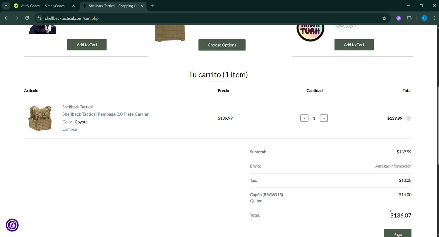 Shellback Tactical coupon code screenshot showing code BRAVO15 applied at Shellback Tactical checkout page. Uploaded by SimplyCodes community member _____________ on May 11, 2025
