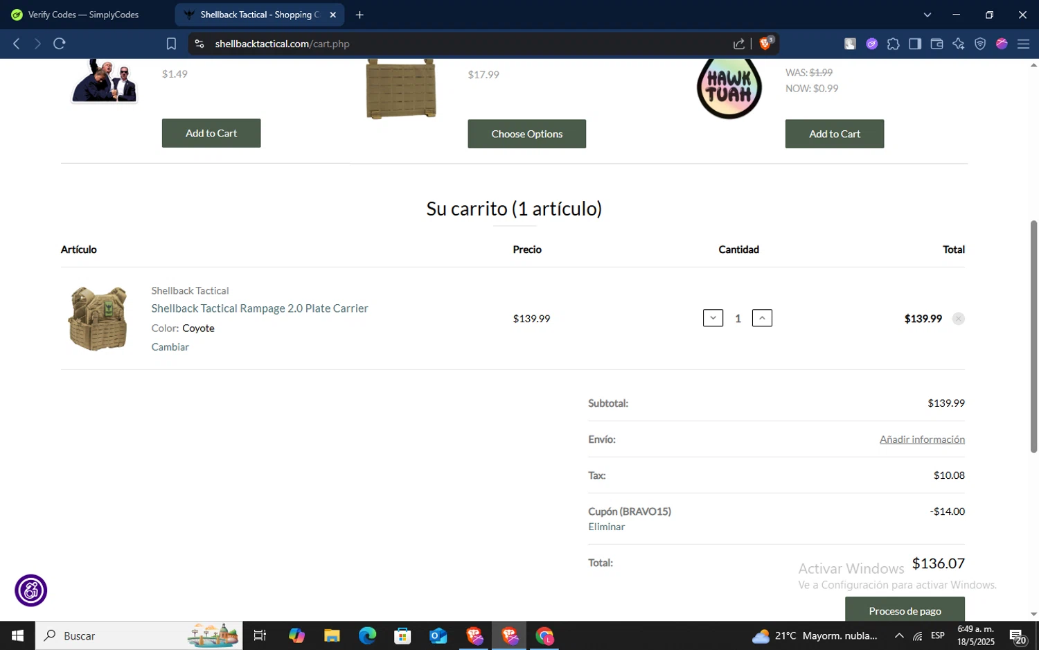 Shellback Tactical coupon code screenshot showing code BRAVO15 applied at Shellback Tactical checkout page. Uploaded by SimplyCodes community member TokenSaver1205 on May 18, 2025
