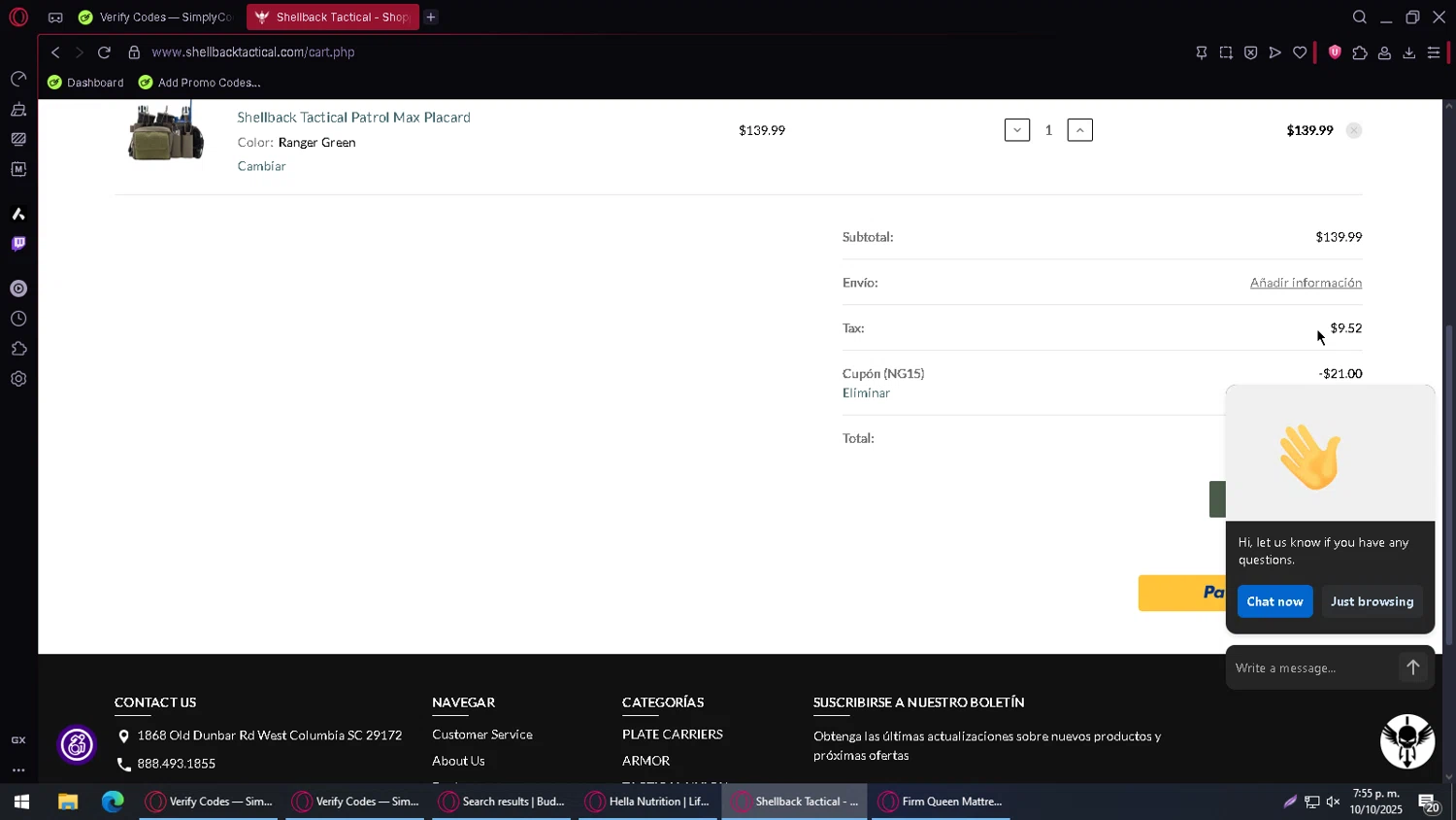 Shellback Tactical checkout page showing Shellback Tactical coupon code box | Screenshot taken by SimplyCodes community member on Oct 10, 2025