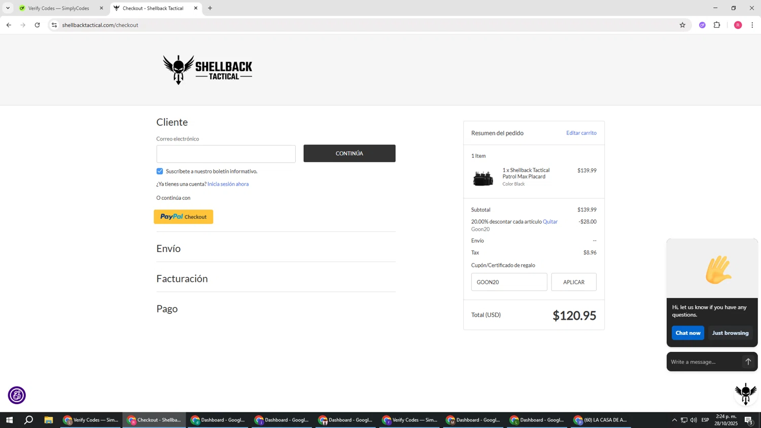 Shellback Tactical checkout page showing Shellback Tactical coupon code box | Screenshot taken by SimplyCodes community member on Oct 28, 2025