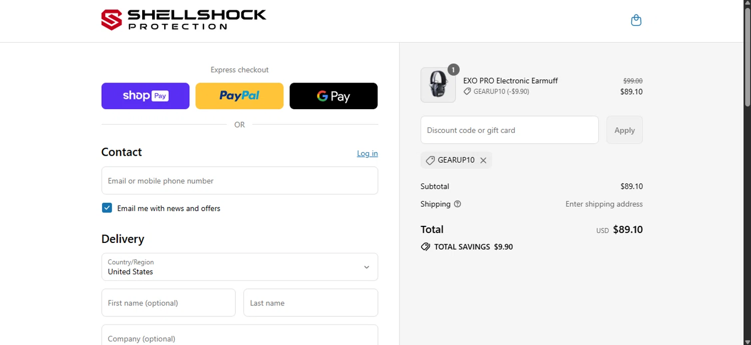 ShellShock Protection promo code screenshot showing code GEARUP10 applied at ShellShock Protection checkout page. Uploaded by SimplyCodes community member ______________ on Aug 23, 2025