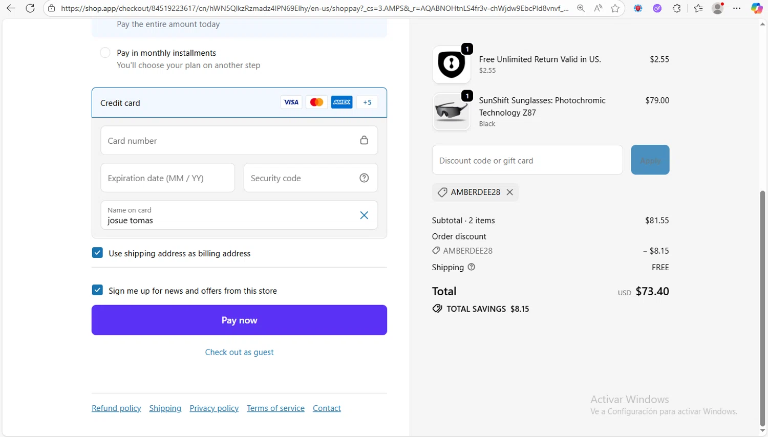 ShellShock Protection promo code screenshot showing code AMBERDEE28 applied at ShellShock Protection checkout page. Uploaded by SimplyCodes community member Franco20 on Nov 18, 2025