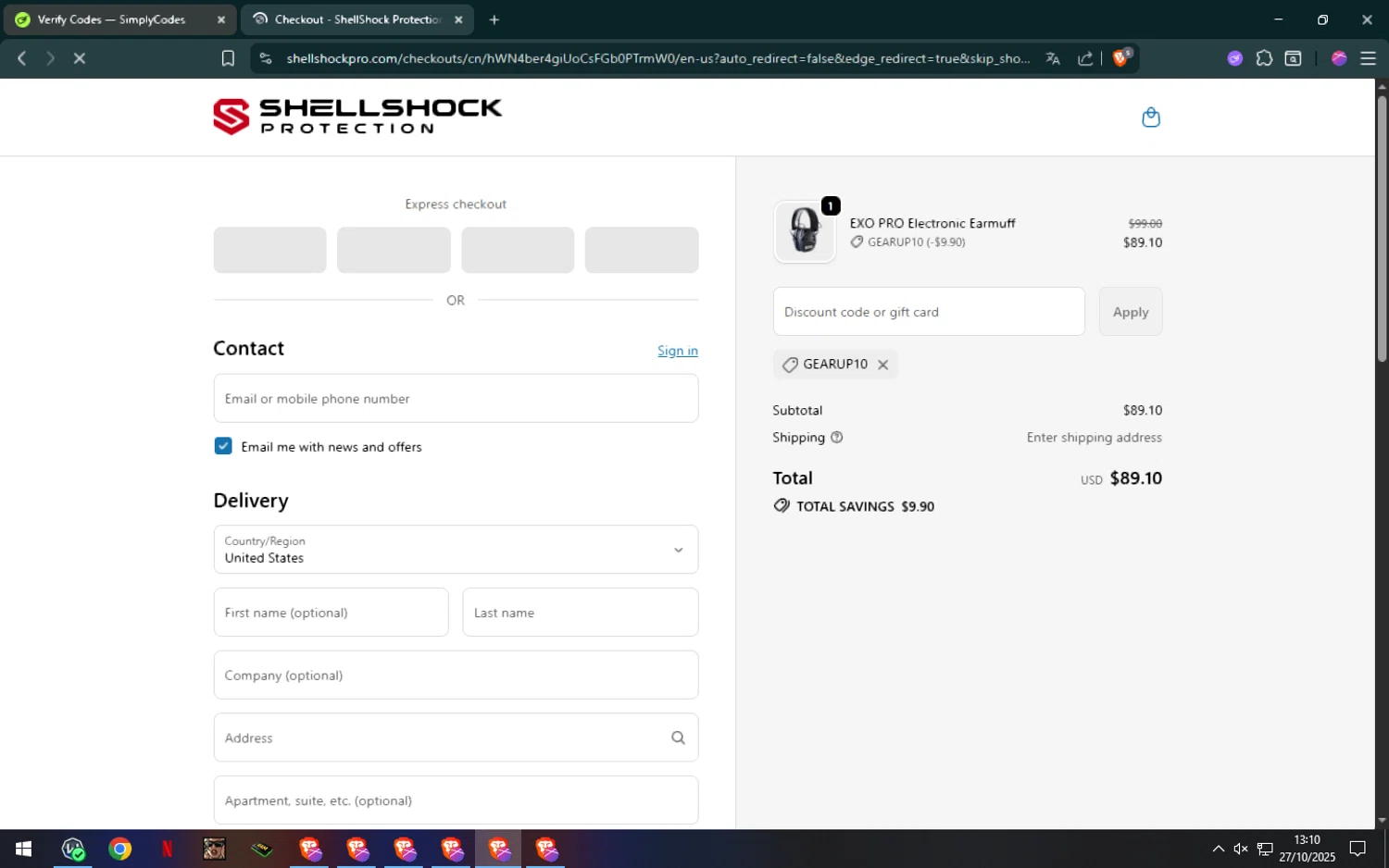 ShellShock Protection promo code screenshot showing code GEARUP10 applied at ShellShock Protection checkout page. Uploaded by SimplyCodes community member SilverPro4355 on Oct 27, 2025