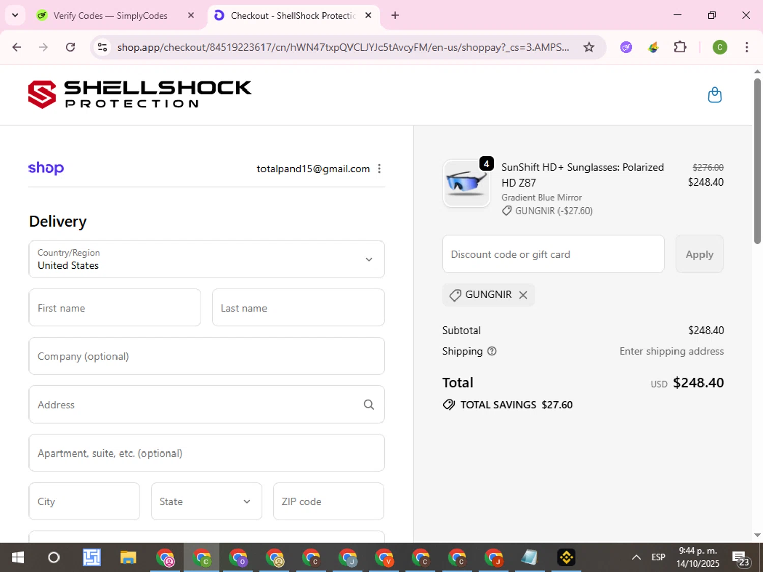 ShellShock Protection promo code screenshot showing code GUNGNIR applied at ShellShock Protection checkout page. Uploaded by SimplyCodes community member RoyalKnight4673 on Oct 15, 2025